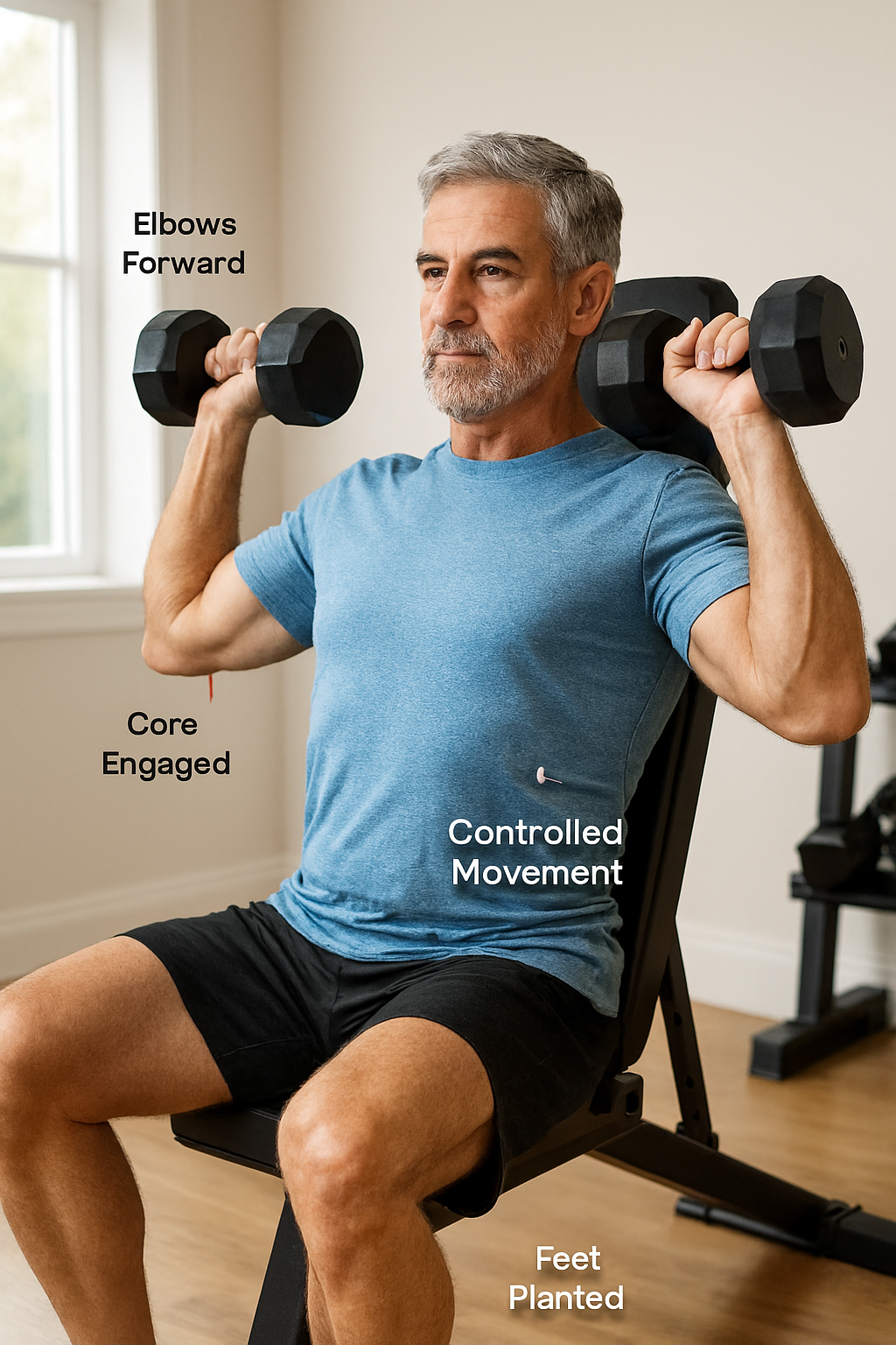 Man in his 50s demonstrating proper seated dumbbell shoulder press form with elbows positioned forward of shoulders