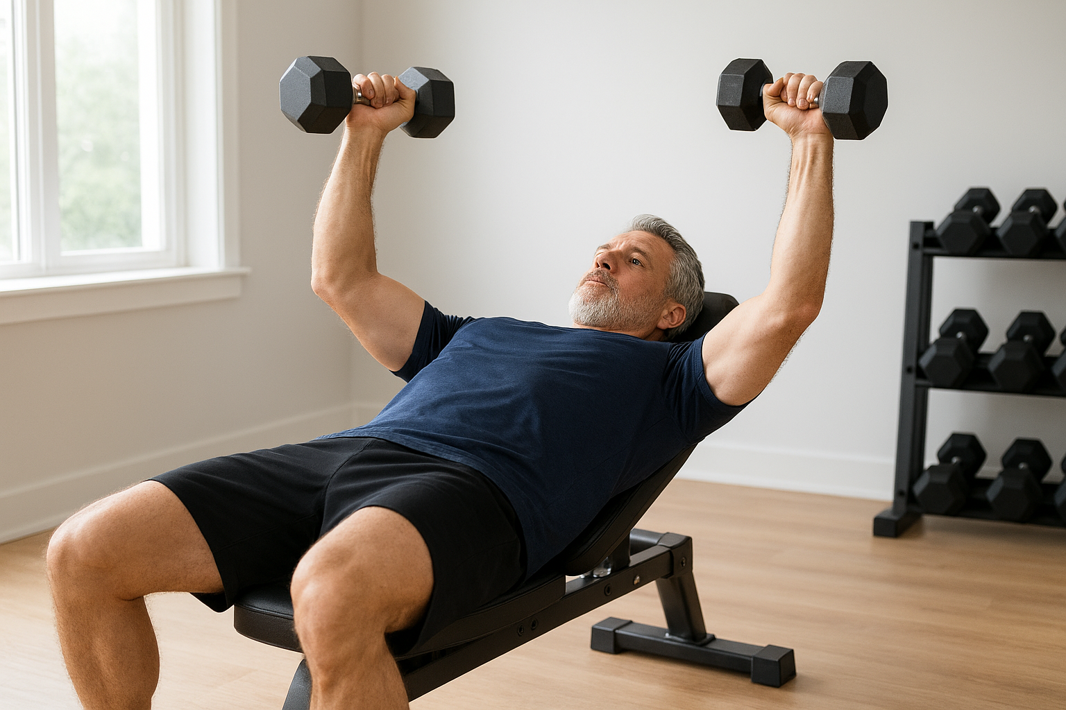 Mature man performing dumbbell bench press with controlled arm extension and proper elbow tracking on weight bench