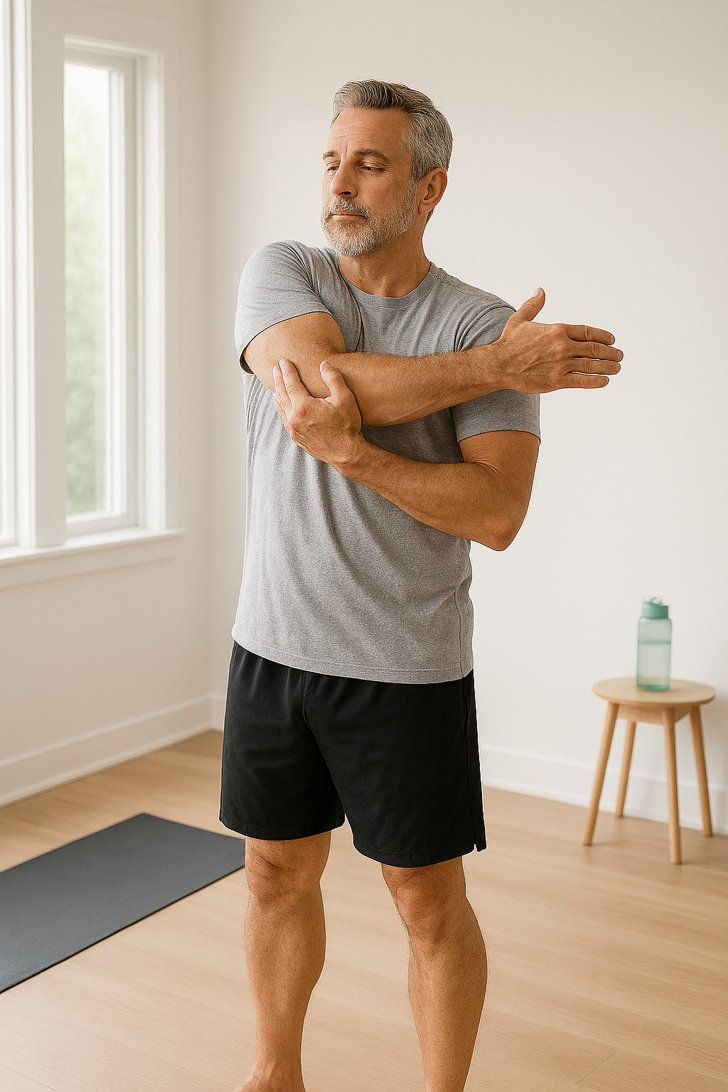 Older man performing gentle standing chest stretch for post-workout recovery and flexibility maintenance