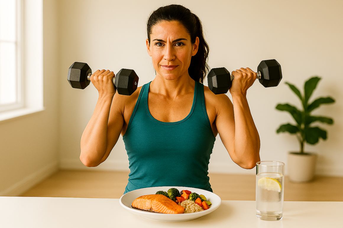 Woman over 40 performing dumbbell strength training