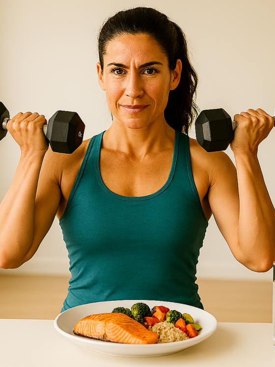 Woman over 40 performing dumbbell strength training