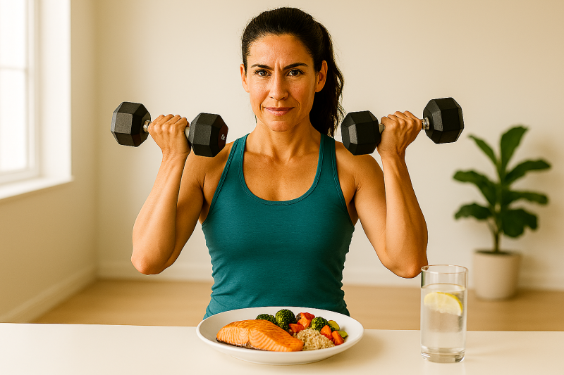 Woman over 40 performing dumbbell strength training