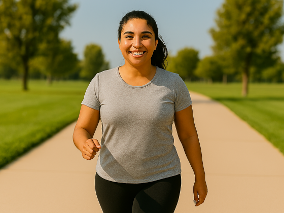 Young woman starting fitness for beginners with a brisk walk in the park