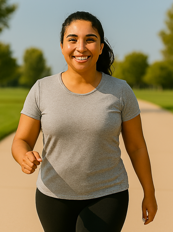 Young woman starting fitness for beginners with a brisk walk in the park