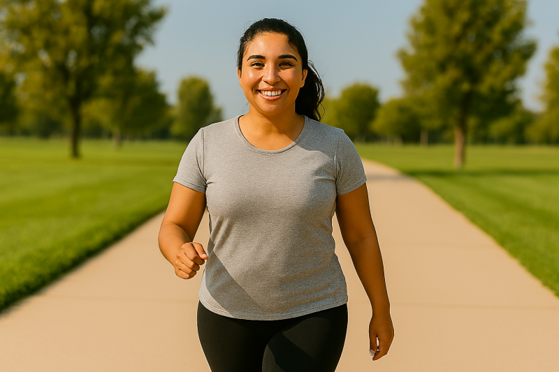 Young woman starting fitness for beginners with a brisk walk in the park