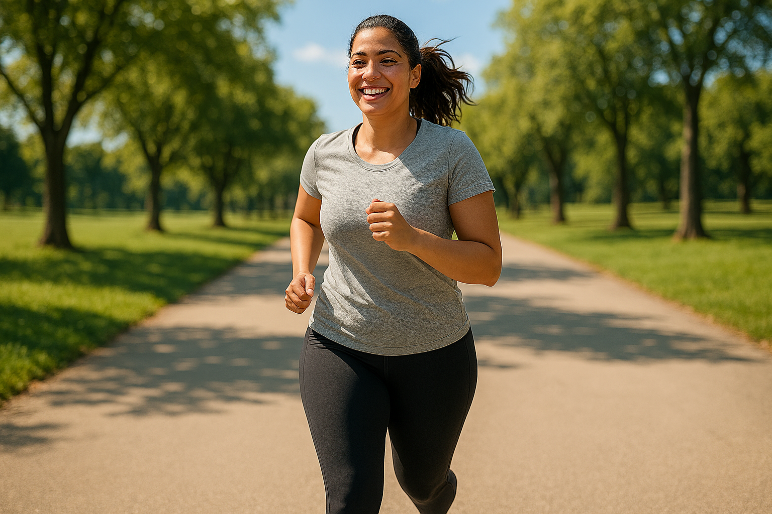 Young woman jogging outdoors for weight loss fitness with energetic smile and motivation on sunny day