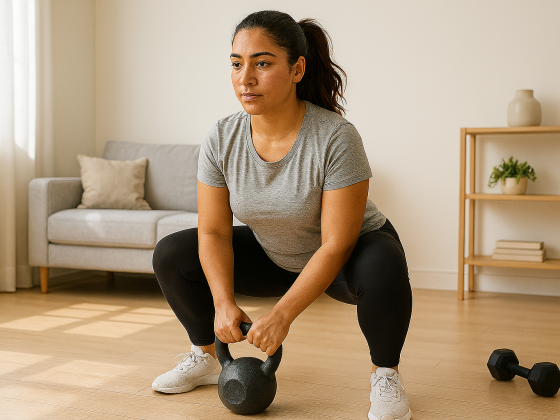 Woman performing strength training exercises at home for weight loss fitness with proper form and focus