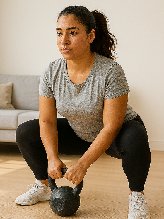 Woman performing strength training exercises at home for weight loss fitness with proper form and focus