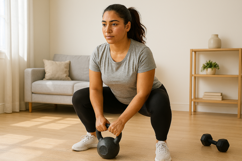 Woman performing strength training exercises at home for weight loss fitness with proper form and focus