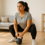 Woman performing strength training exercises at home for weight loss fitness with proper form and focus