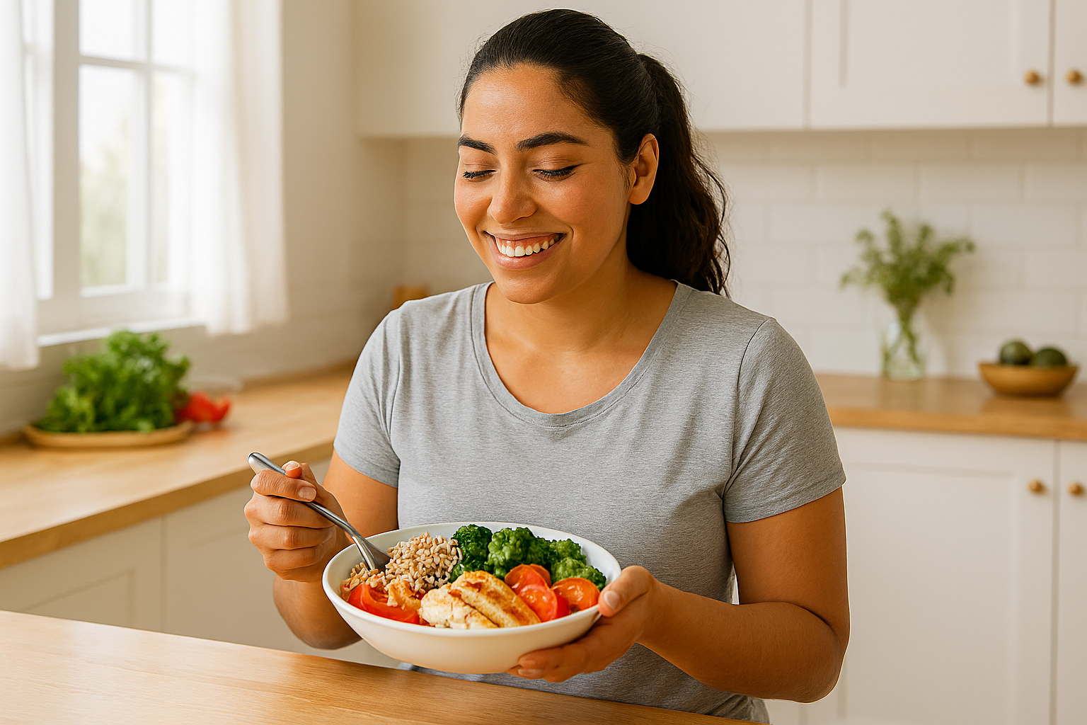 Woman enjoying healthy nutritious meal for weight loss fitness with fresh vegetables and lean protein