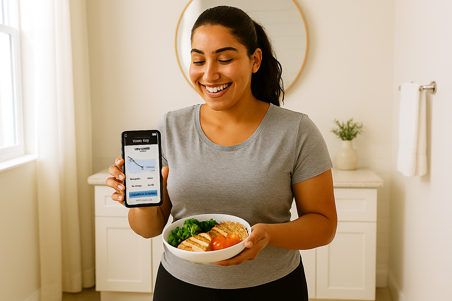 Woman tracking weight loss fitness progress with scale, measuring tape, and motivation for continued success