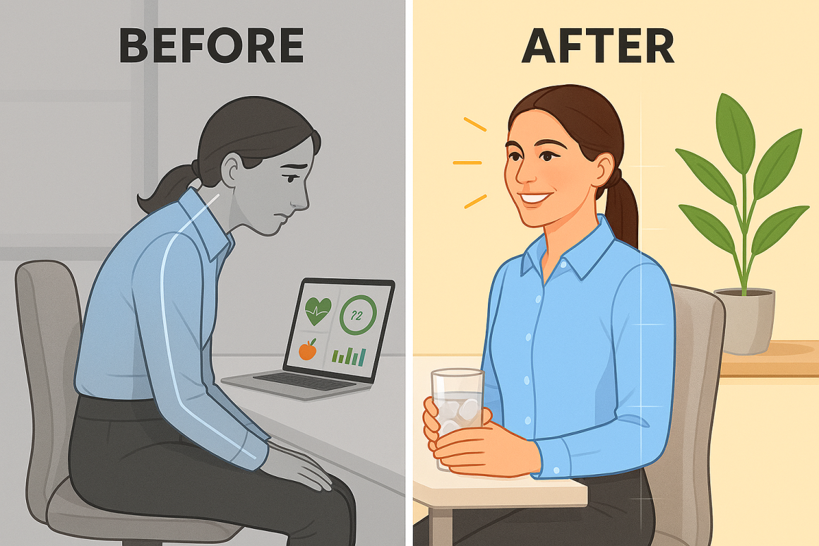 office worker before after, posture improvement, fitness transformation
