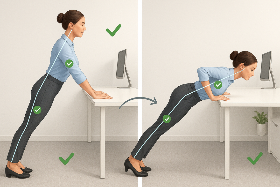 desk push-ups, office push-ups, modified push-ups at work with side-view and form alignment lines