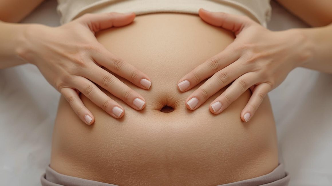 Close-up demonstration of diastasis recti self-check showing woman's fingers measuring gap between belly muscles