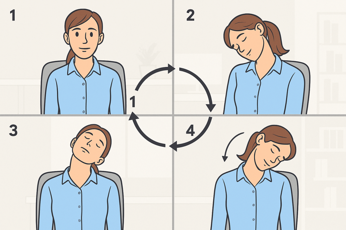Person performing neck rolls exercise at desk showing circular head motion