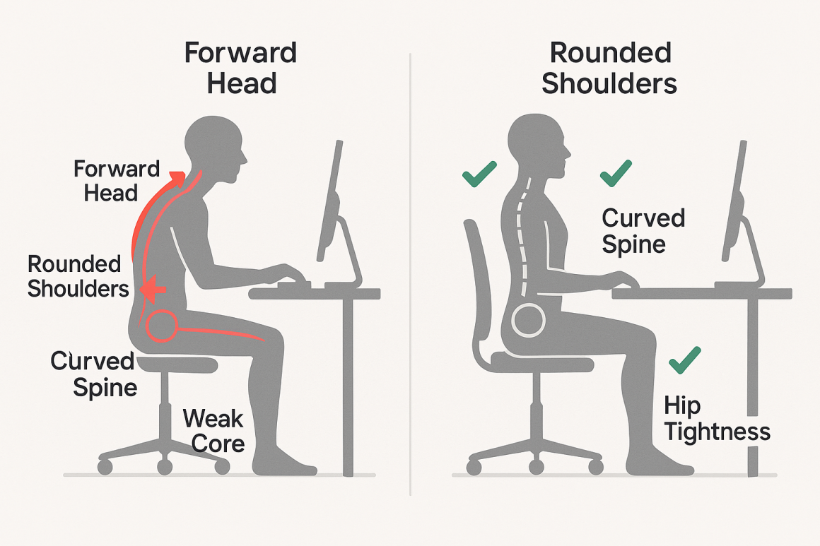 Infographic showing correct and incorrect office posture with problem areas marked