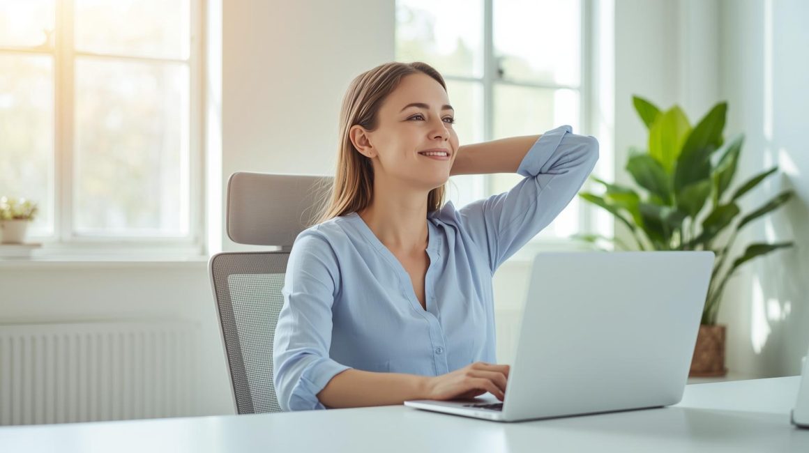 Professional woman doing desk stretches in modern office environment