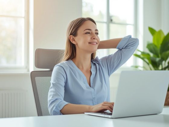 Professional woman doing desk stretches in modern office environment