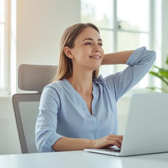 Professional woman doing desk stretches in modern office environment