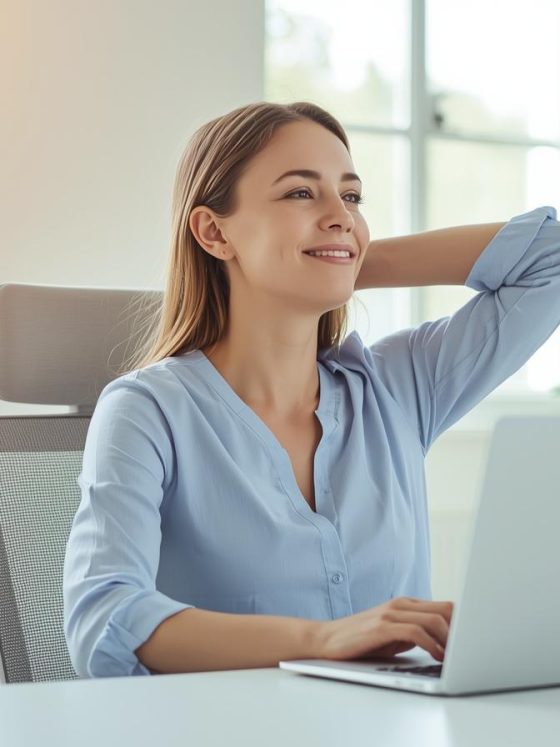 Professional woman doing desk stretches in modern office environment
