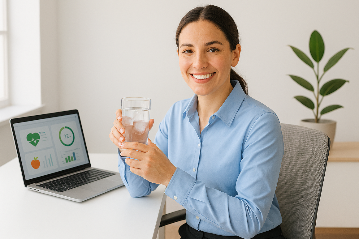 Office worker drinking water at desk for hydration during exercise