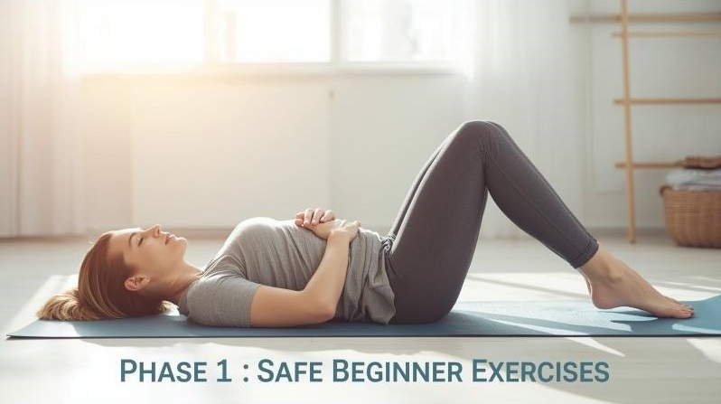 Woman demonstrating safe Phase 1 postpartum core exercises lying on back with knees bent