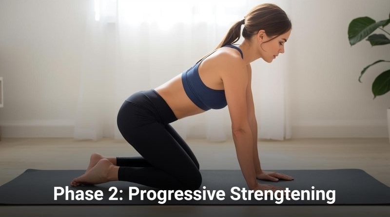 Woman on hands and knees showing proper quadruped position for Phase 2 postpartum core strengthening