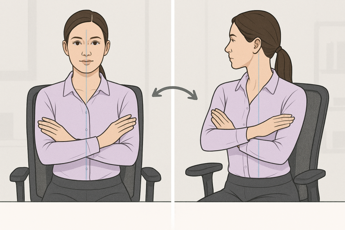Seated torso twist exercise showing starting and rotated positions with movement arrows