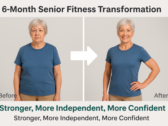 Before and after senior fitness transformation showing improved strength posture and confidence in older adults
