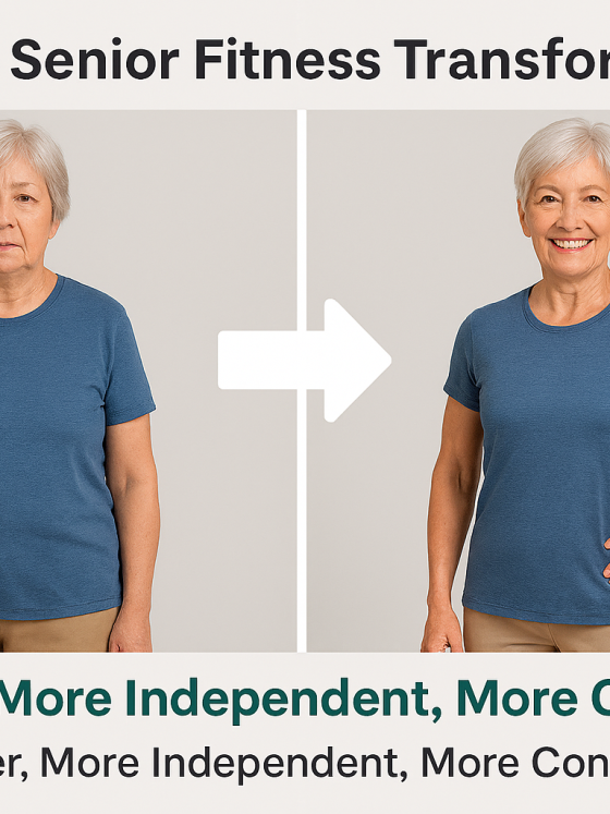 Before and after senior fitness transformation showing improved strength posture and confidence in older adults