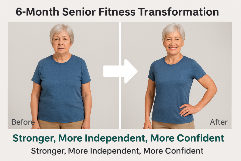 Before and after senior fitness transformation showing improved strength posture and confidence in older adults