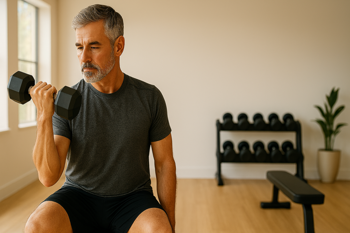 Fitness for men over 50: fit man performing dumbbell bicep curl with proper form in bright modern home gym