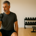 Fitness for men over 50: fit man performing dumbbell bicep curl with proper form in bright modern home gym