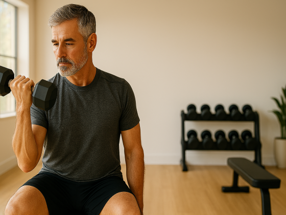 Fitness for men over 50: fit man performing dumbbell bicep curl with proper form in bright modern home gym