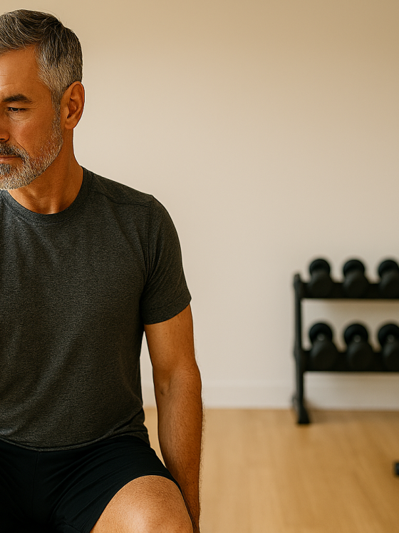 Fitness for men over 50: fit man performing dumbbell bicep curl with proper form in bright modern home gym