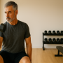Fitness for men over 50: fit man performing dumbbell bicep curl with proper form in bright modern home gym