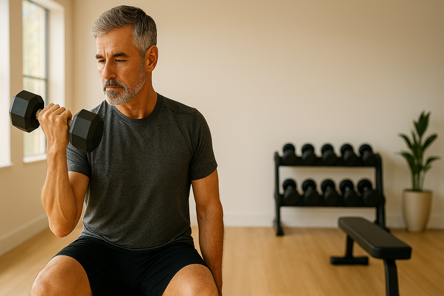 Fit man in his late 50s performing controlled dumbbell bicep curl with proper form in bright modern home gym