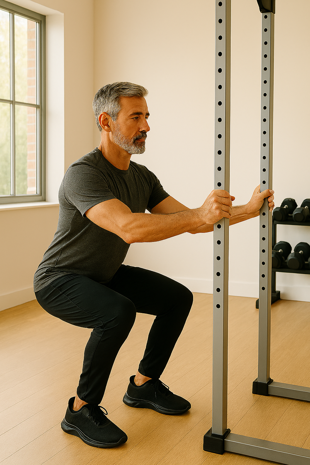 Man in his late 50s performing modified squat with light hand support on sturdy equipment for balance and safety
